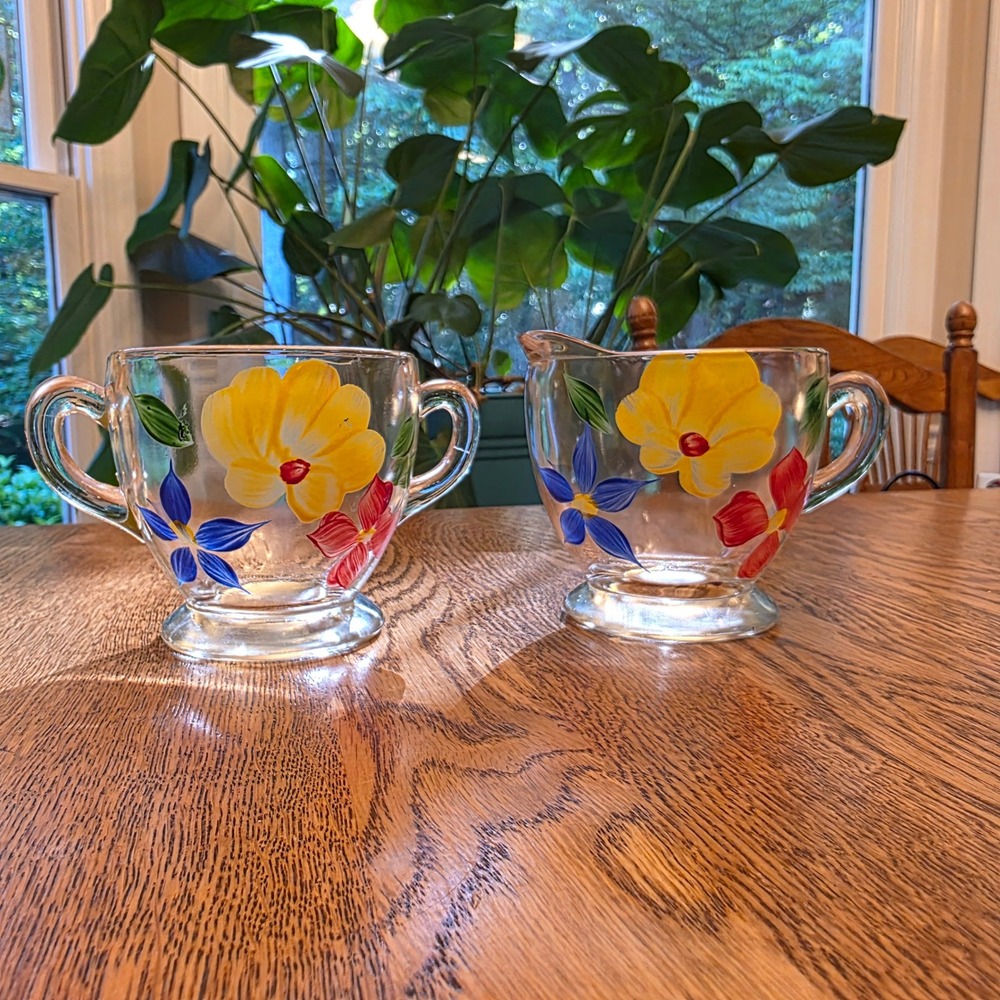 Vintage Bartlett Collins Hand‎ Painted Floral Glass Creamer Sugar Bowl Set 1950s